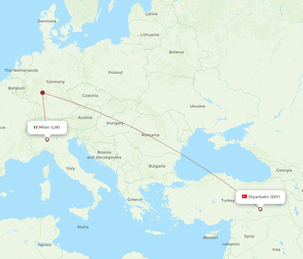 Milan - Diyarbakir route map and flight paths