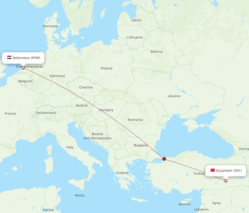 Rotterdam - Diyarbakir route map and flight paths