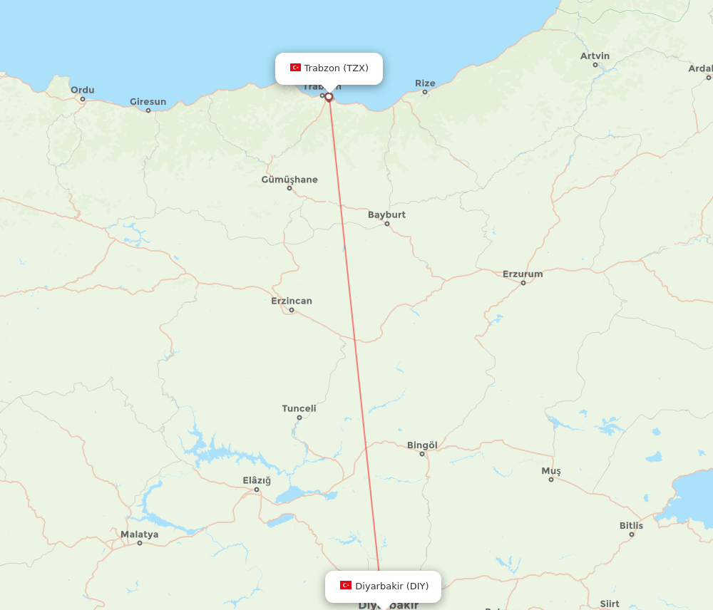 Diyarbakir - Trabzon route map and flight paths