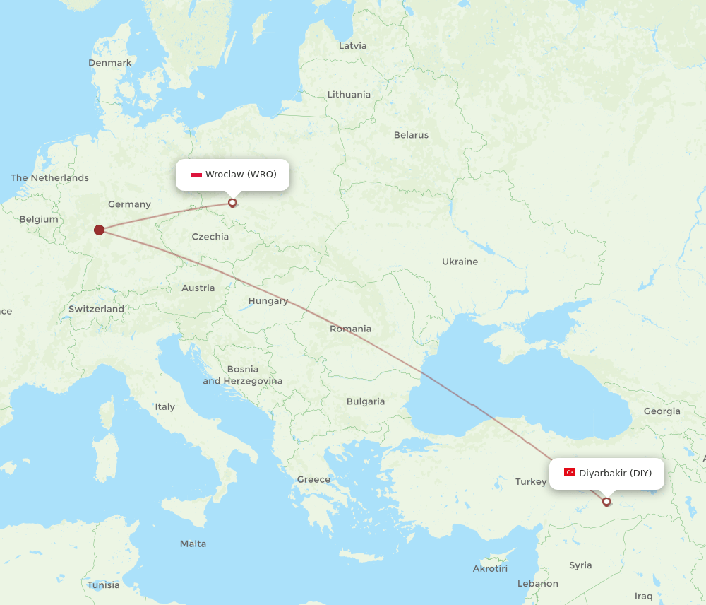 Wroclaw - Diyarbakir route map and flight paths