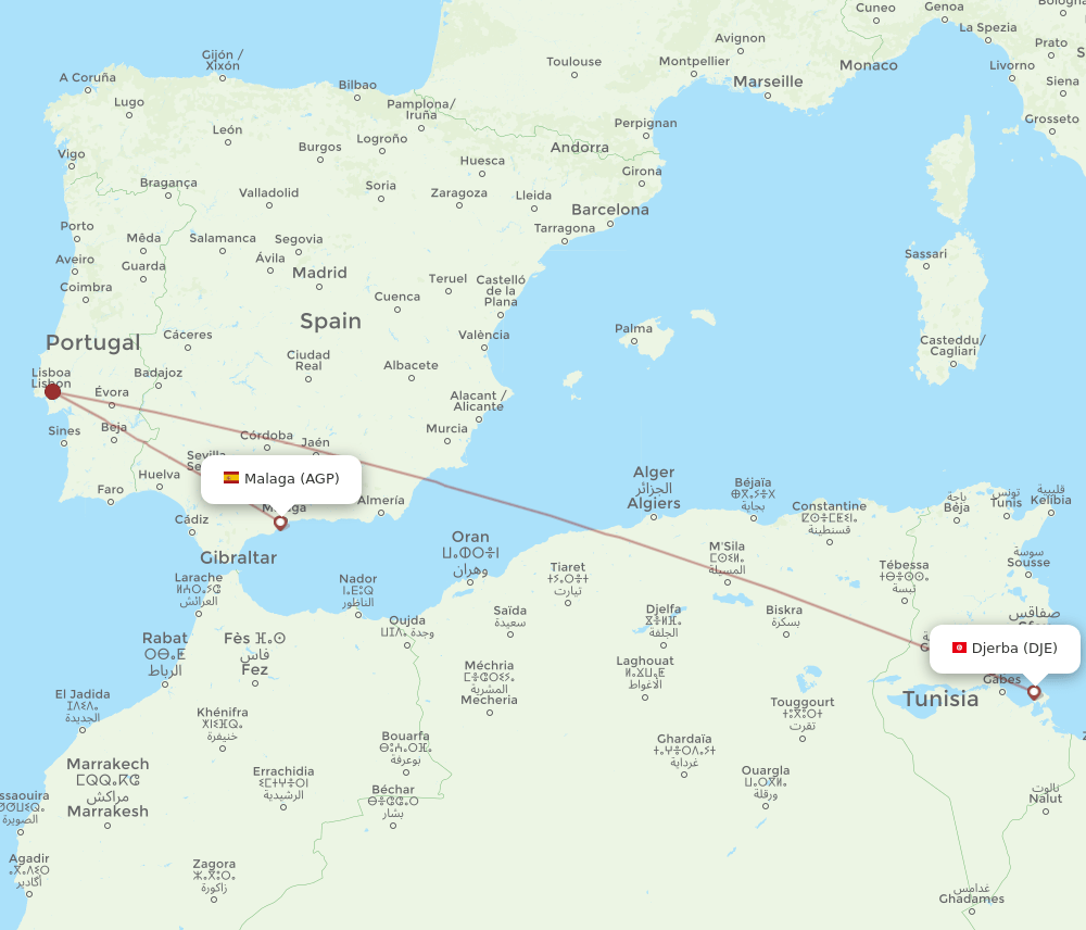 Malaga - Djerba route map and flight paths