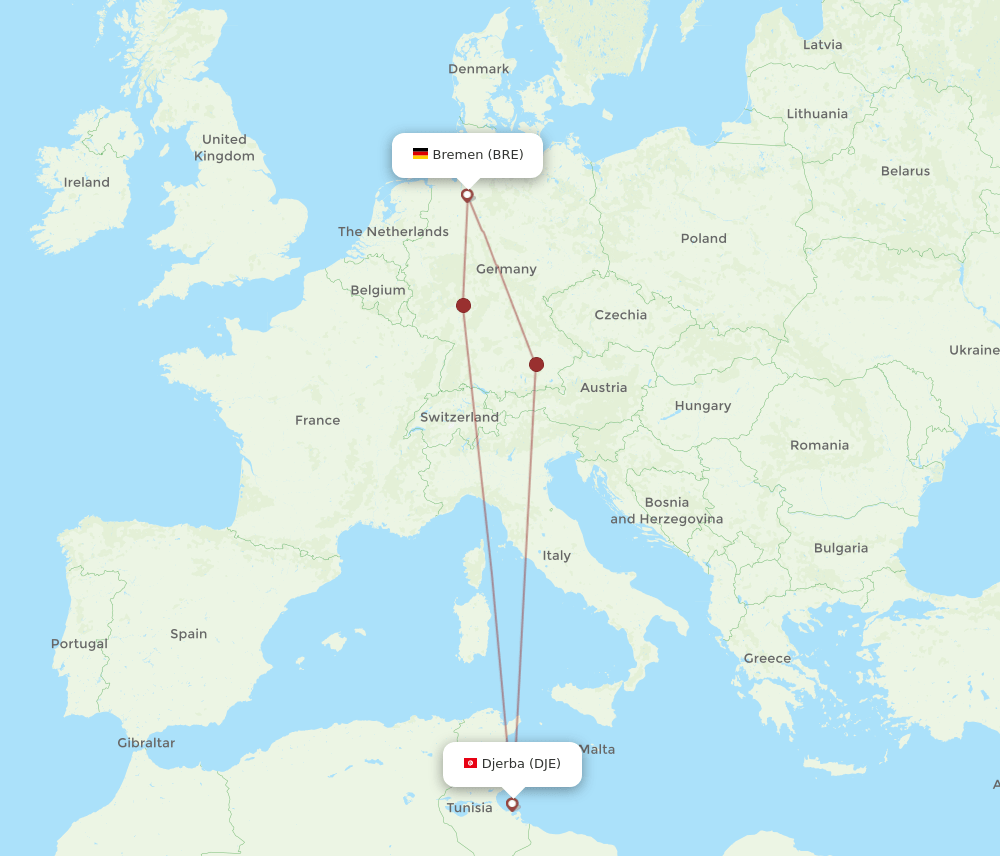 DJE to BRE flights and routes map