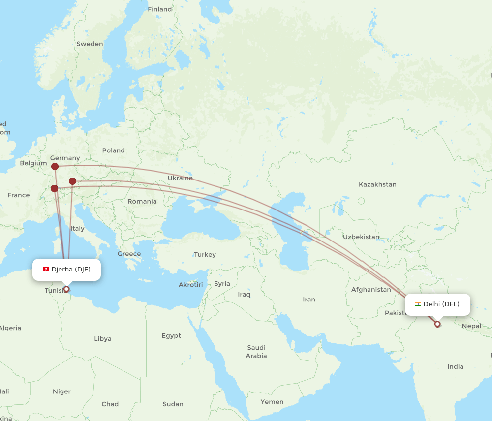 Delhi - Djerba route map and flight paths