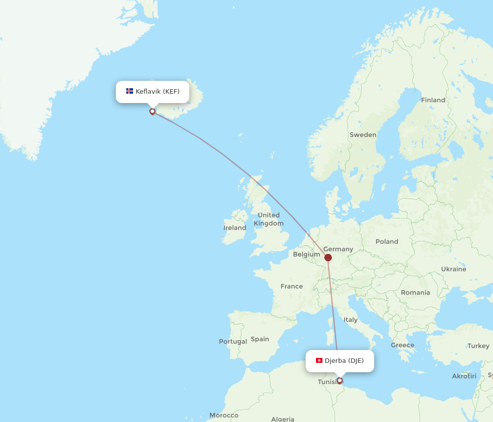 DJE to KEF flights and routes map