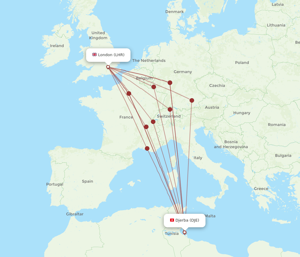 DJE to LHR flights and routes map
