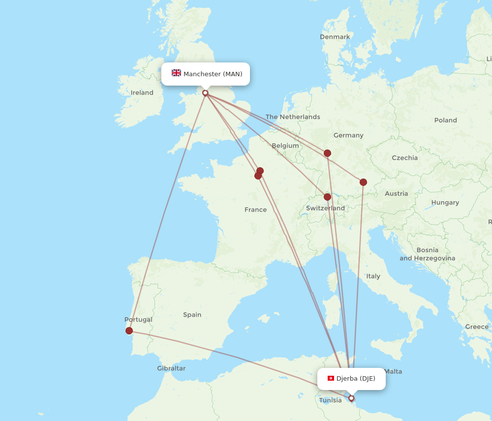 DJE to MAN flights and routes map