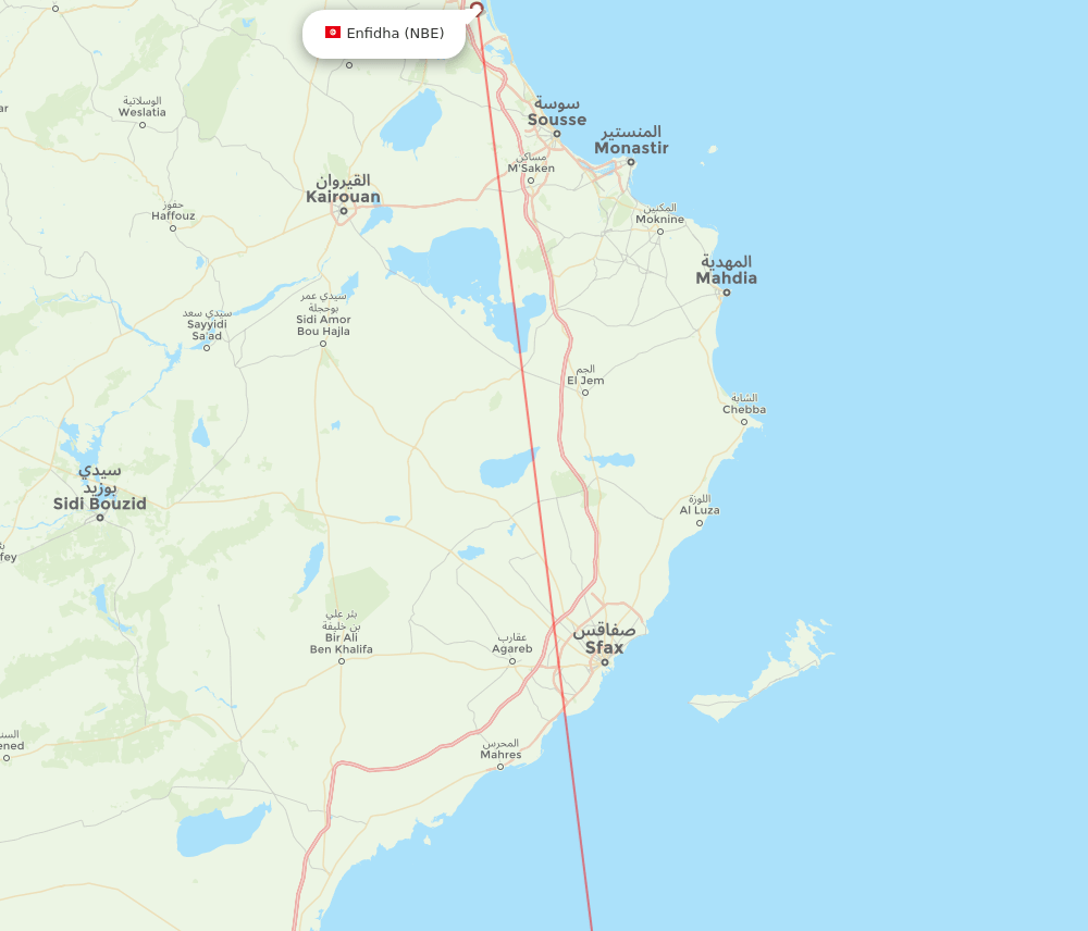 Djerba - Enfidha route map and flight paths