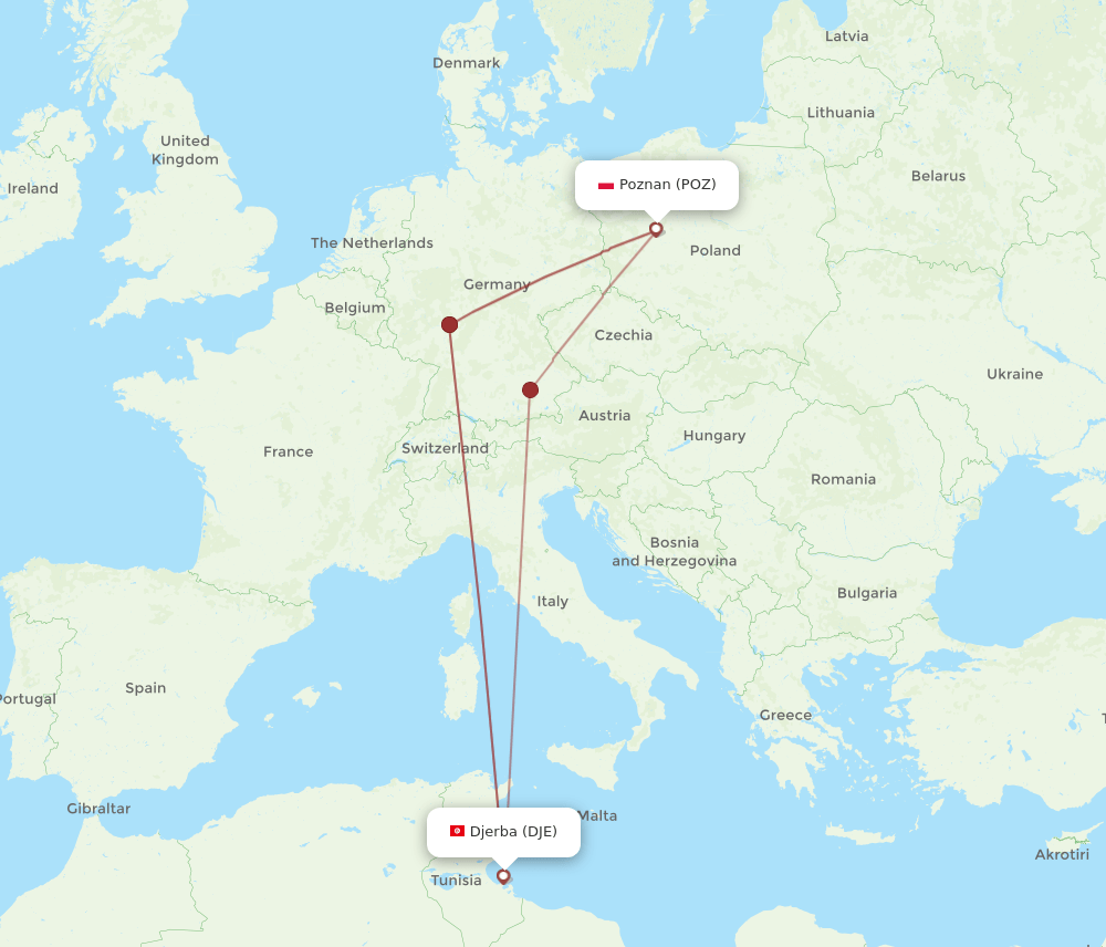 DJE to POZ flights and routes map