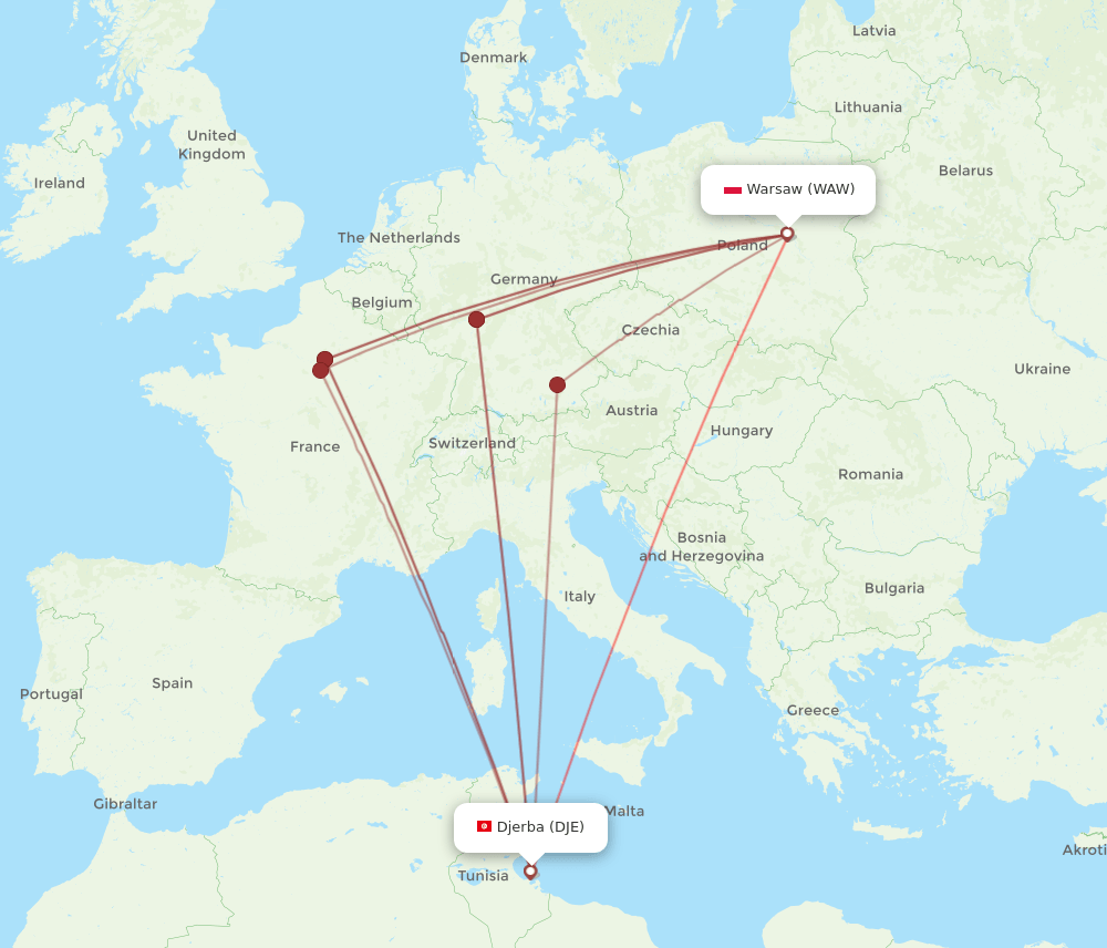 DJE to WAW flights and routes map