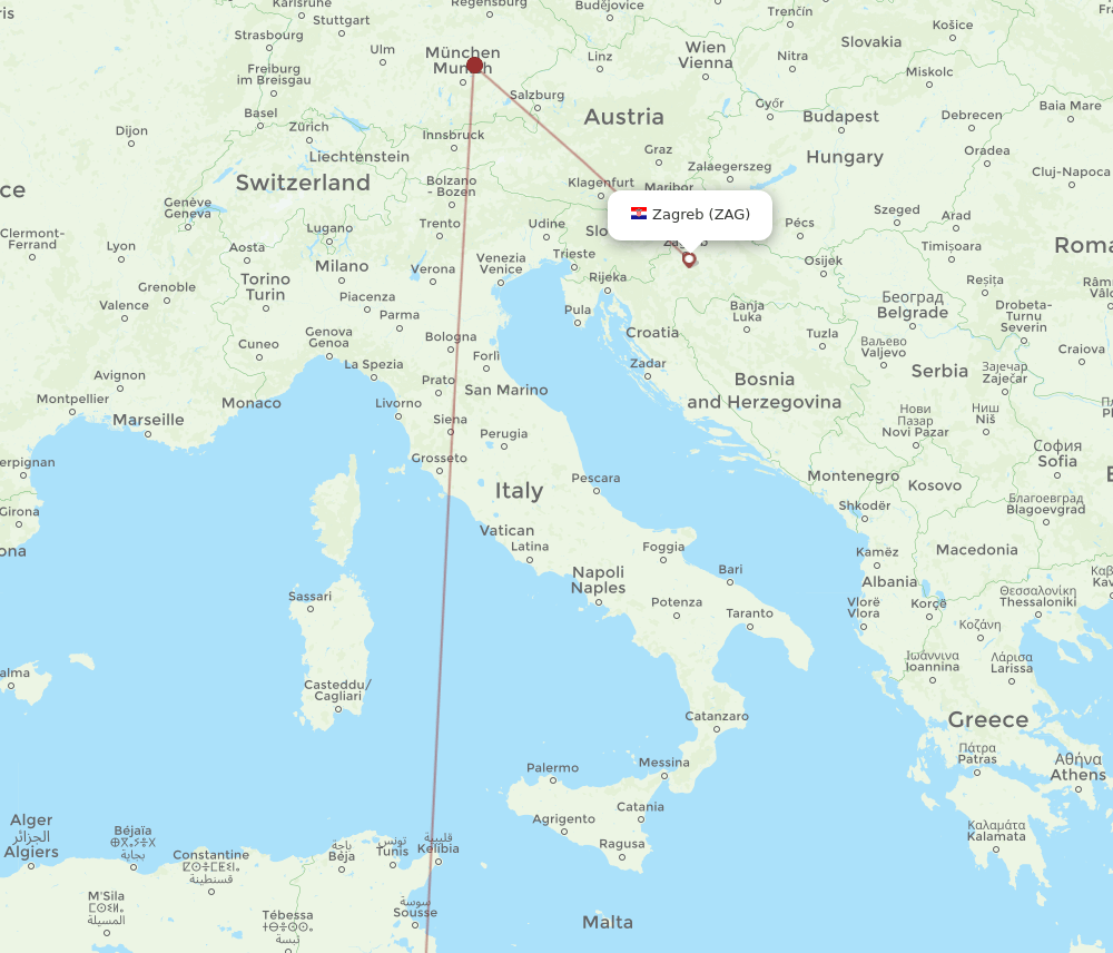 Zagreb - Djerba route map and flight paths