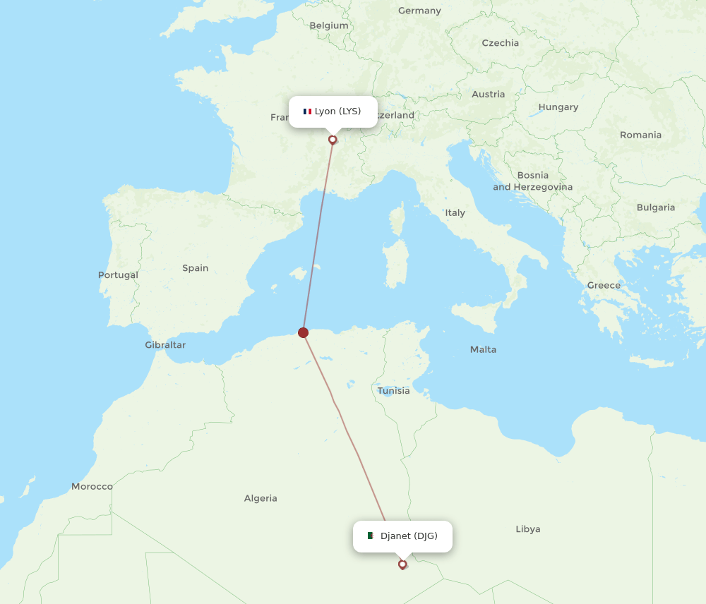 Lyon - Djanet route map and flight paths