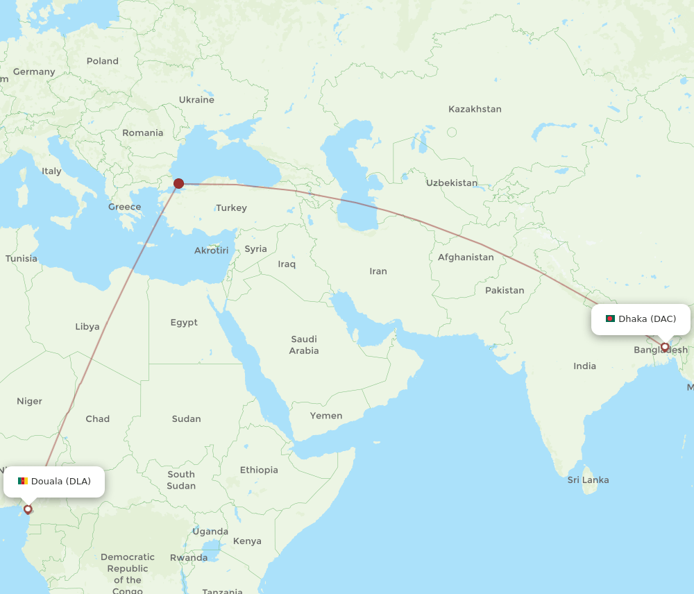 Dhaka - Douala route map and flight paths