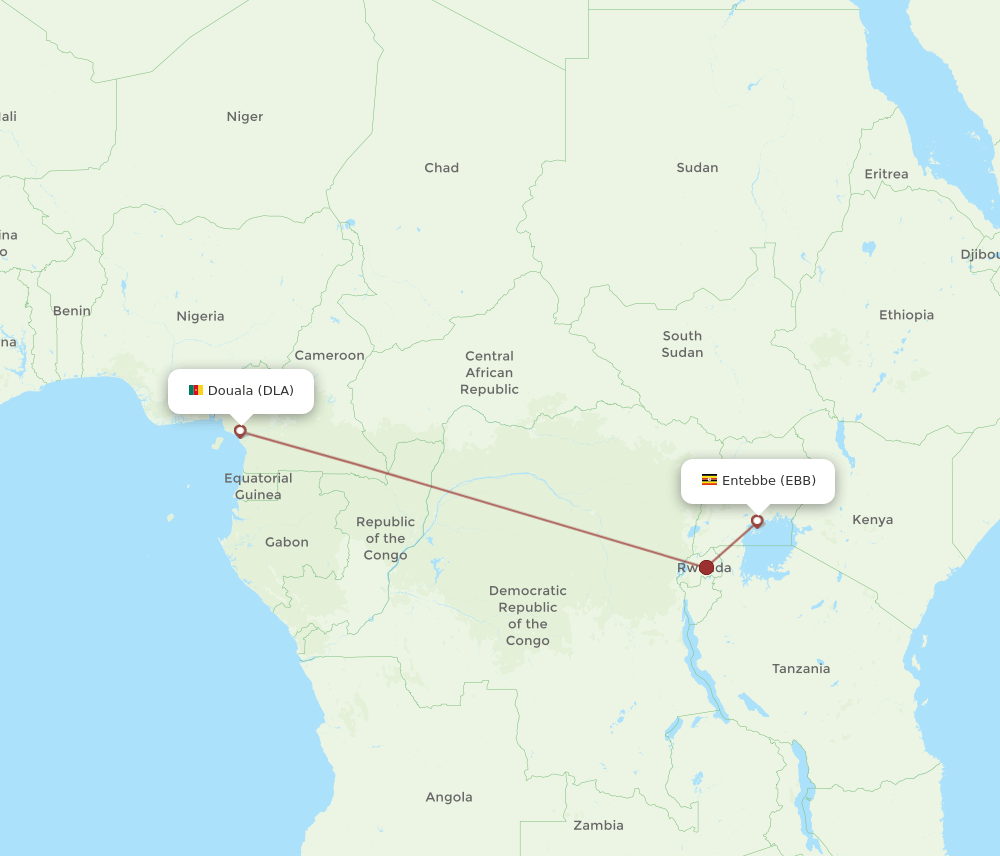 Entebbe - Douala route map and flight paths