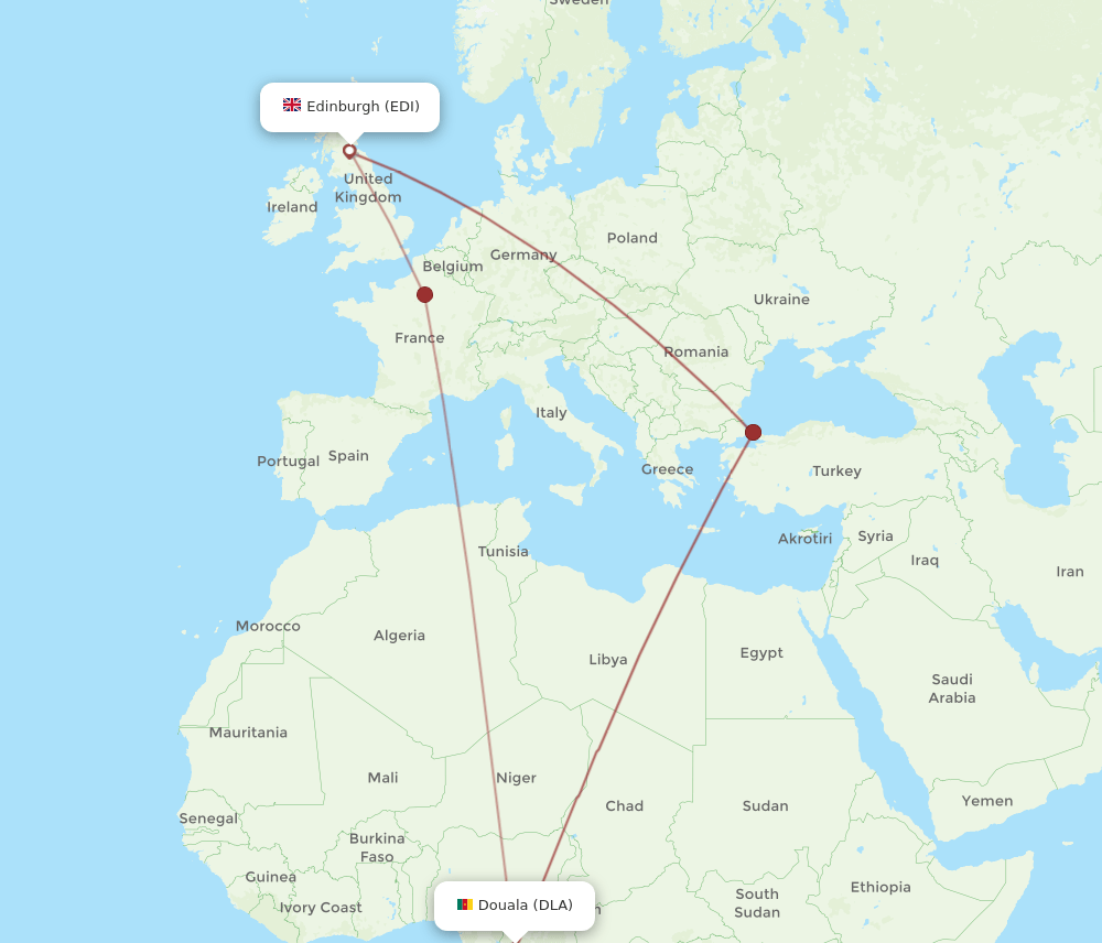 DLA to EDI flights and routes map