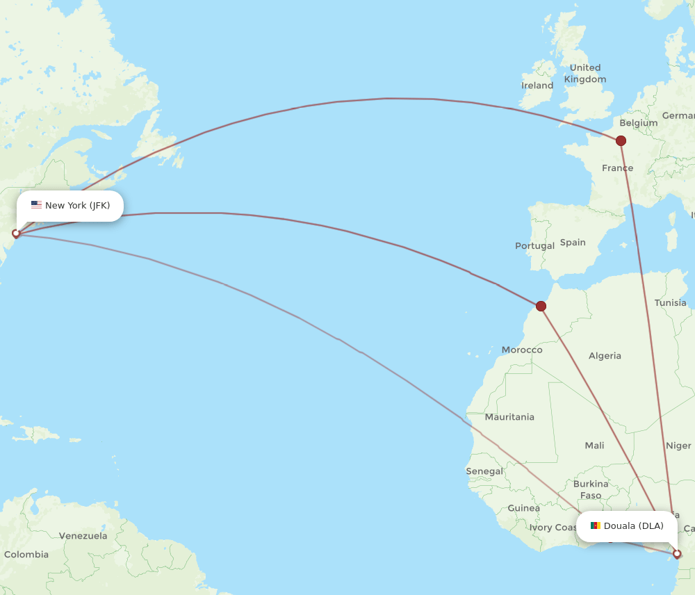 DLA to JFK flights and routes map