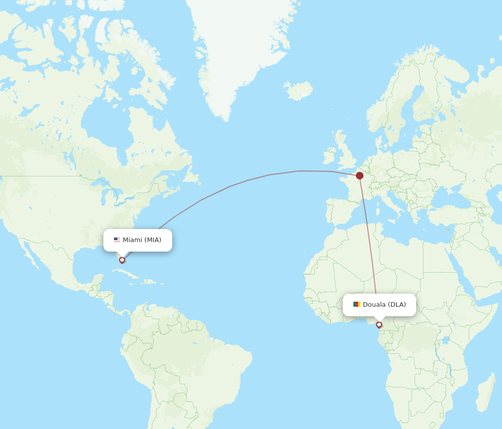 Miami - Douala route map and flight paths
