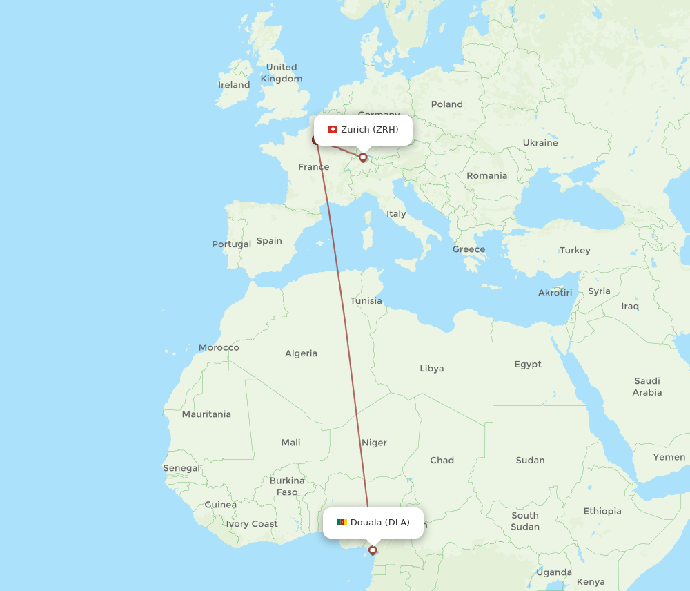 Zurich - Douala route map and flight paths