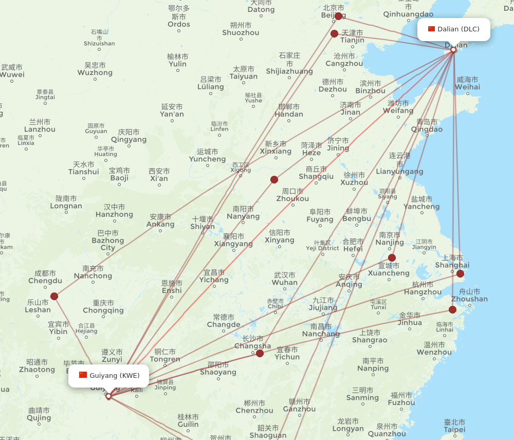 DLC to KWE flights and routes map