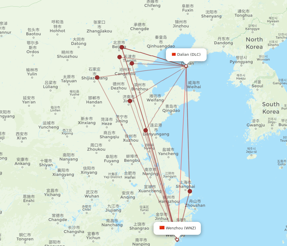 DLC to WNZ flights and routes map