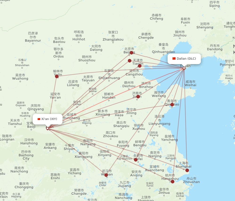 DLC to XIY flights and routes map