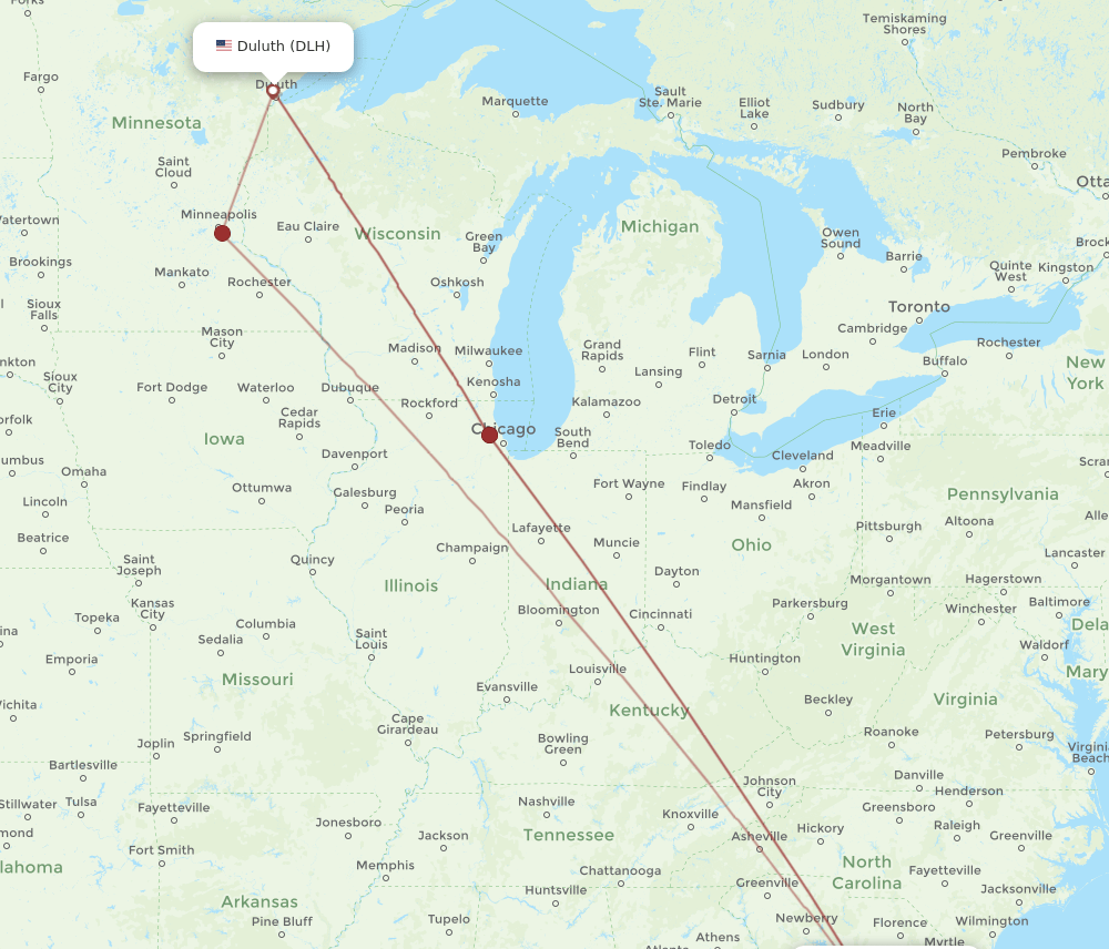 DLH to CHS flights and routes map