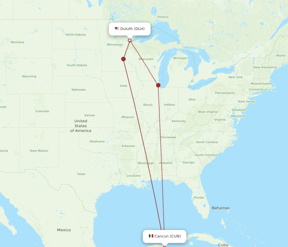 DLH to CUN flights and routes map