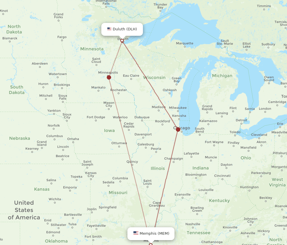 DLH to MEM flights and routes map