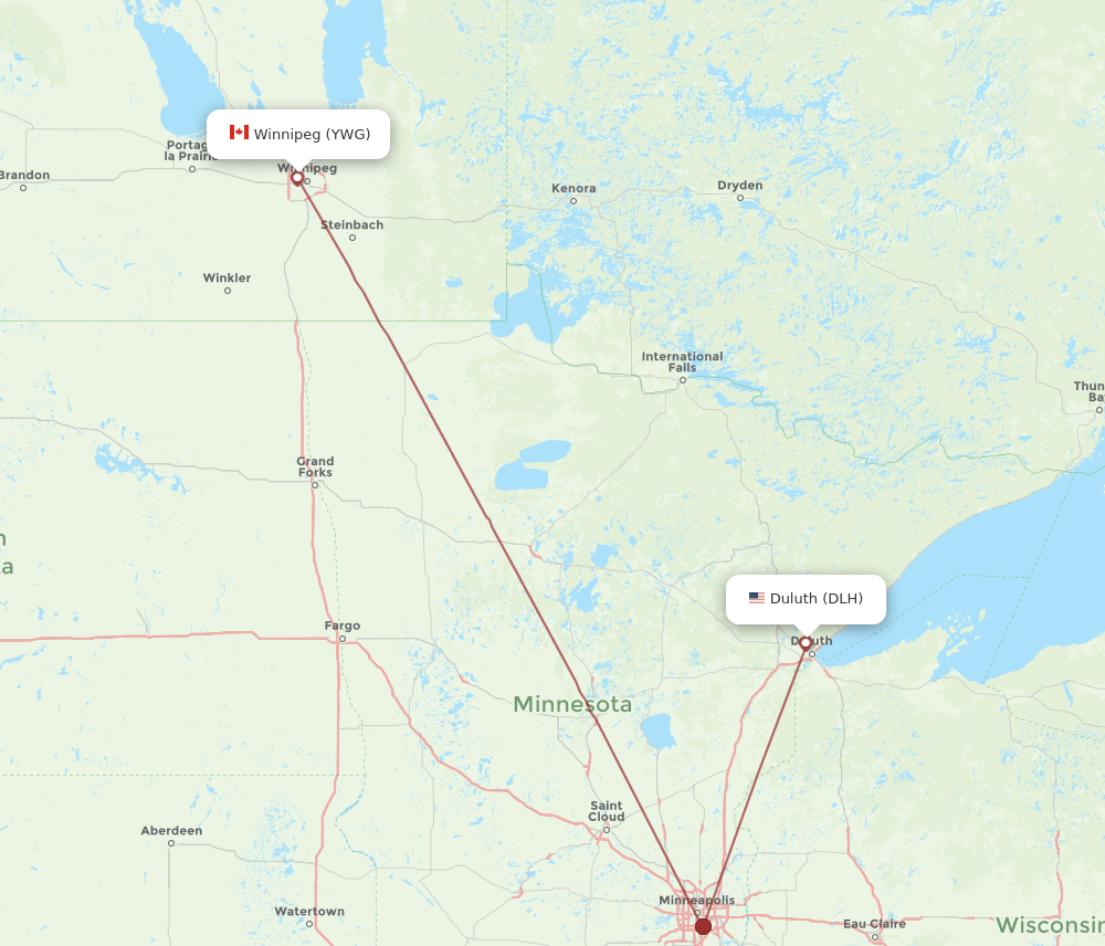Winnipeg - Duluth route map and flight paths