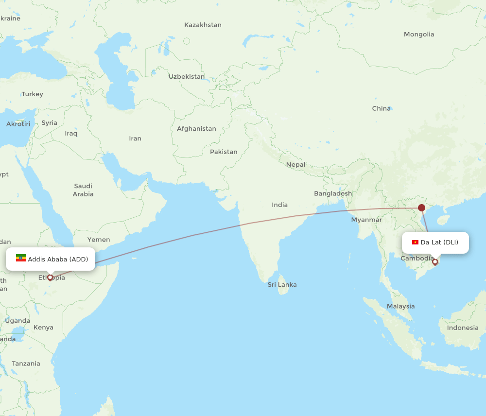 DLI to ADD flights and routes map