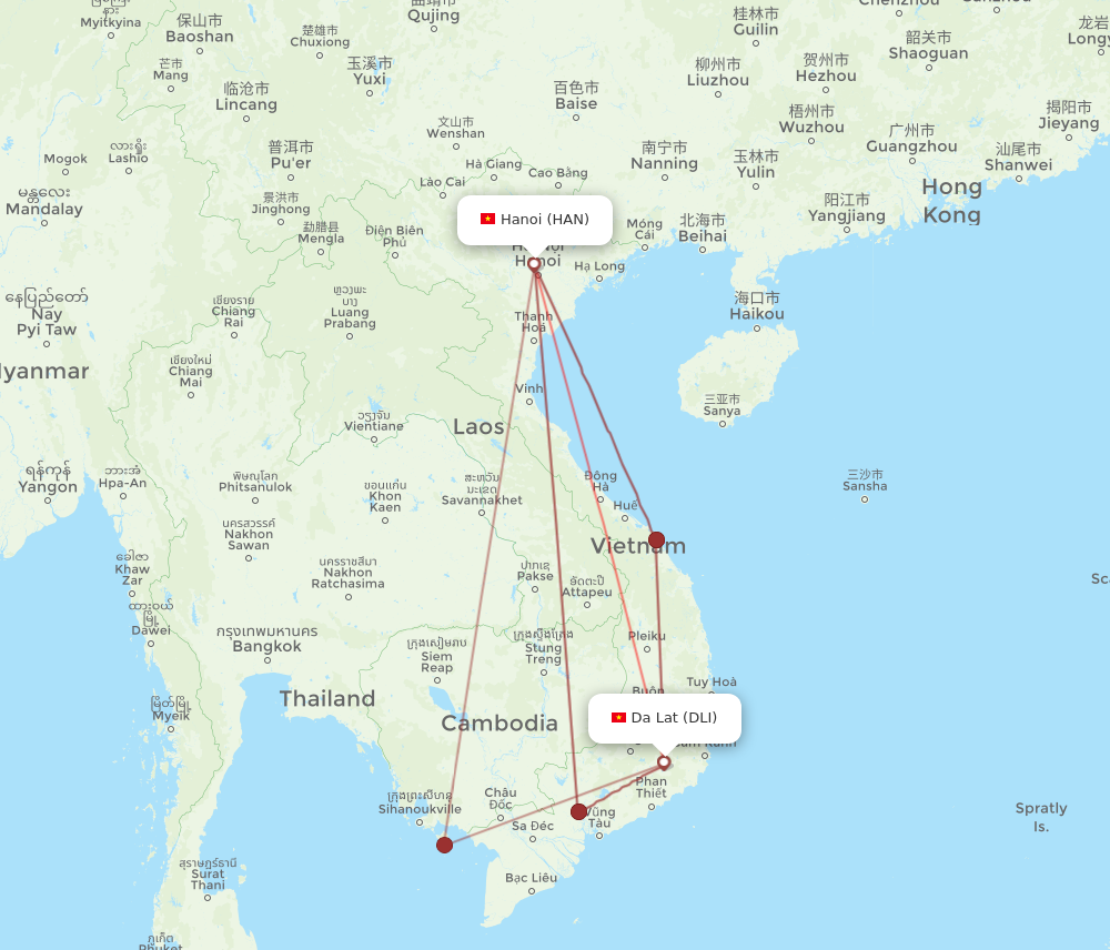 DLI to HAN flights and routes map