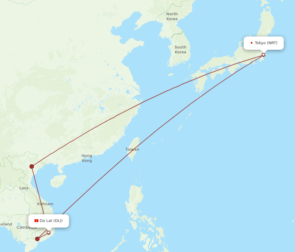 DLI to NRT flights and routes map