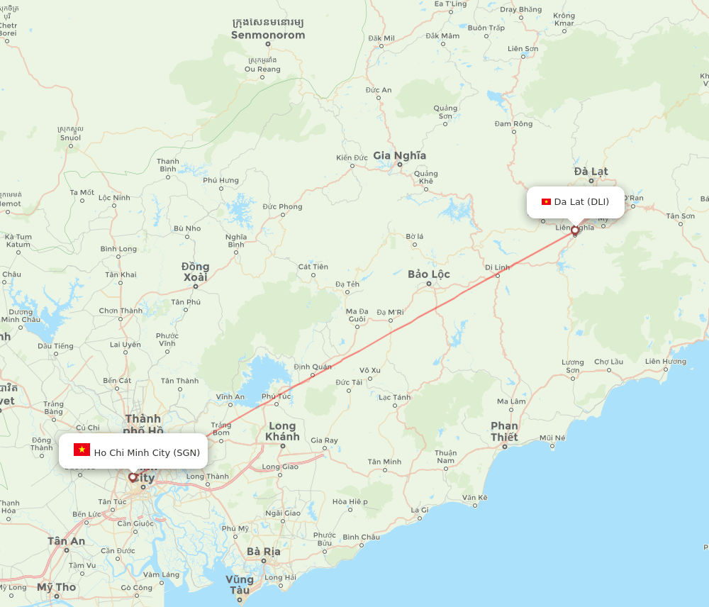 Dalat - Ho Chi Minh City route map and flight paths