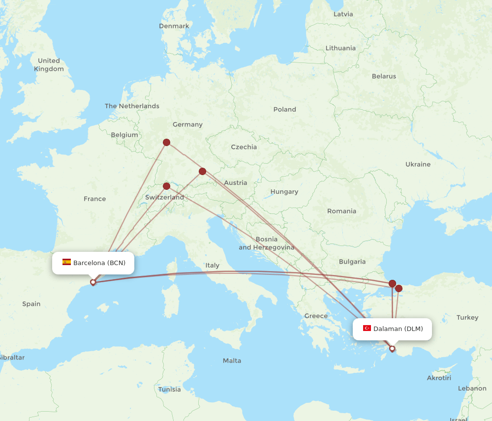 DLM to BCN flights and routes map