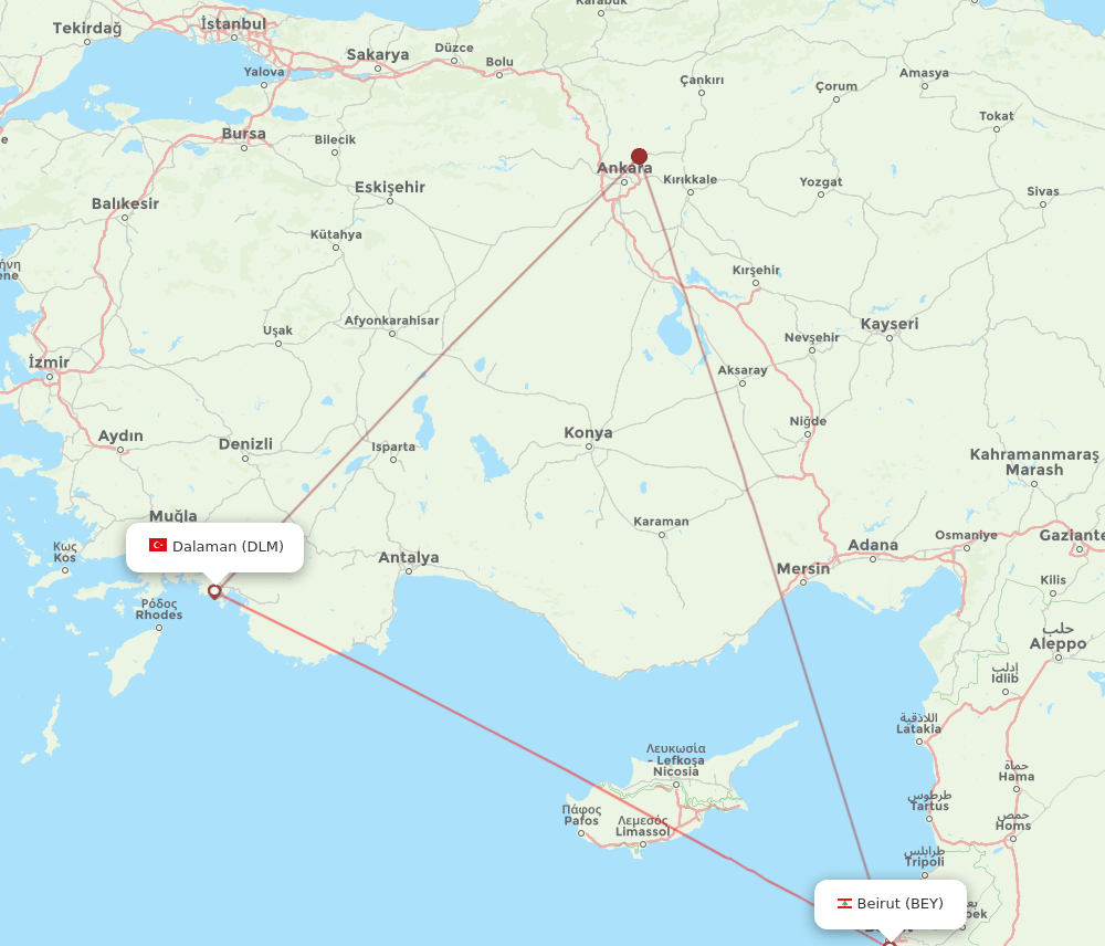 Dalaman - Beirut route map and flight paths