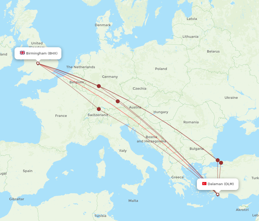DLM to BHX flights and routes map