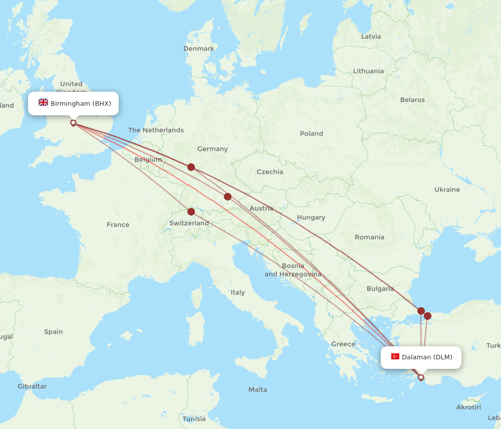 DLM-BHX flight routes