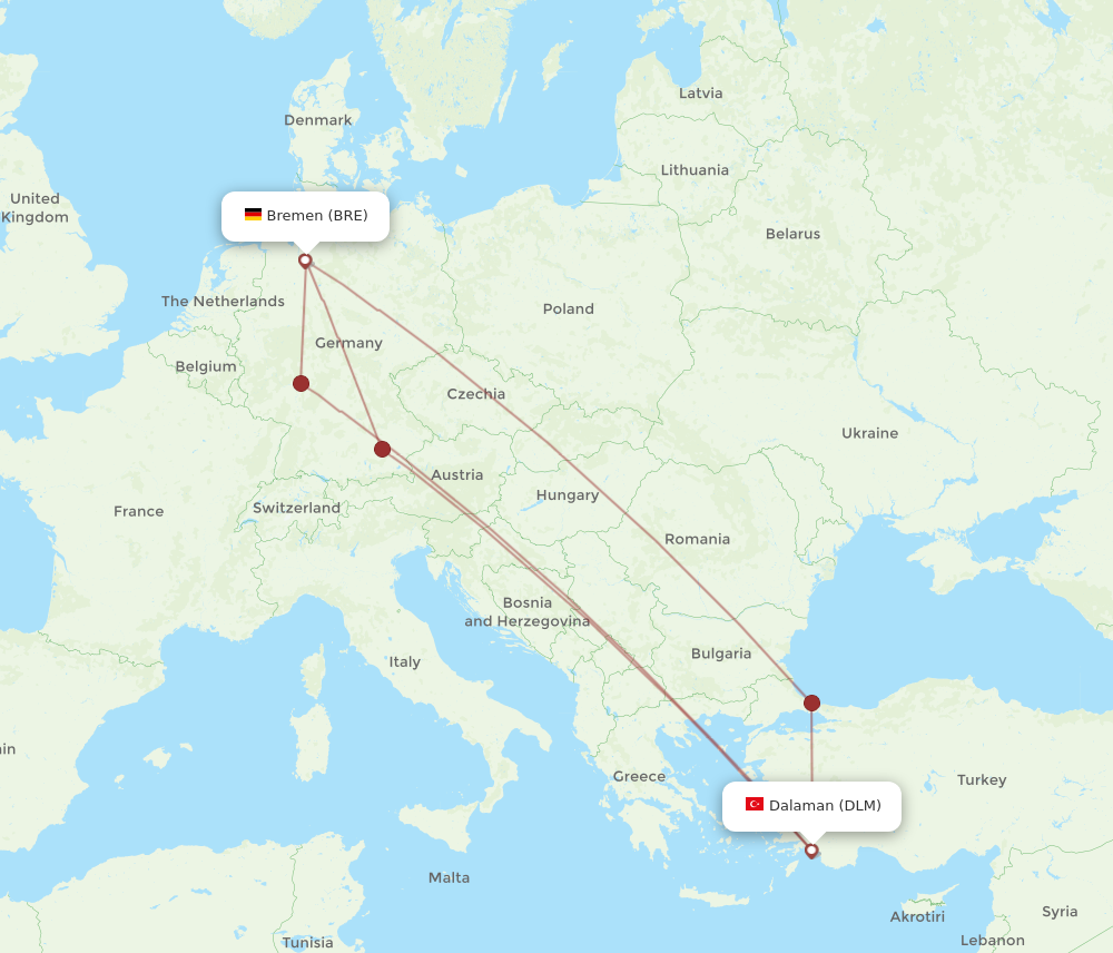 DLM to BRE flights and routes map