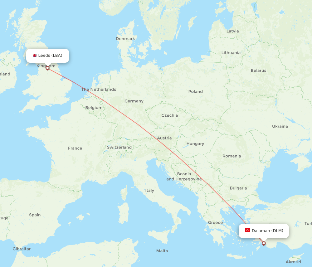 Dalaman - Leeds route map and flight paths
