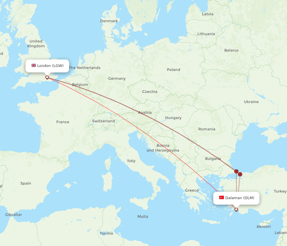 DLM to LGW flights and routes map