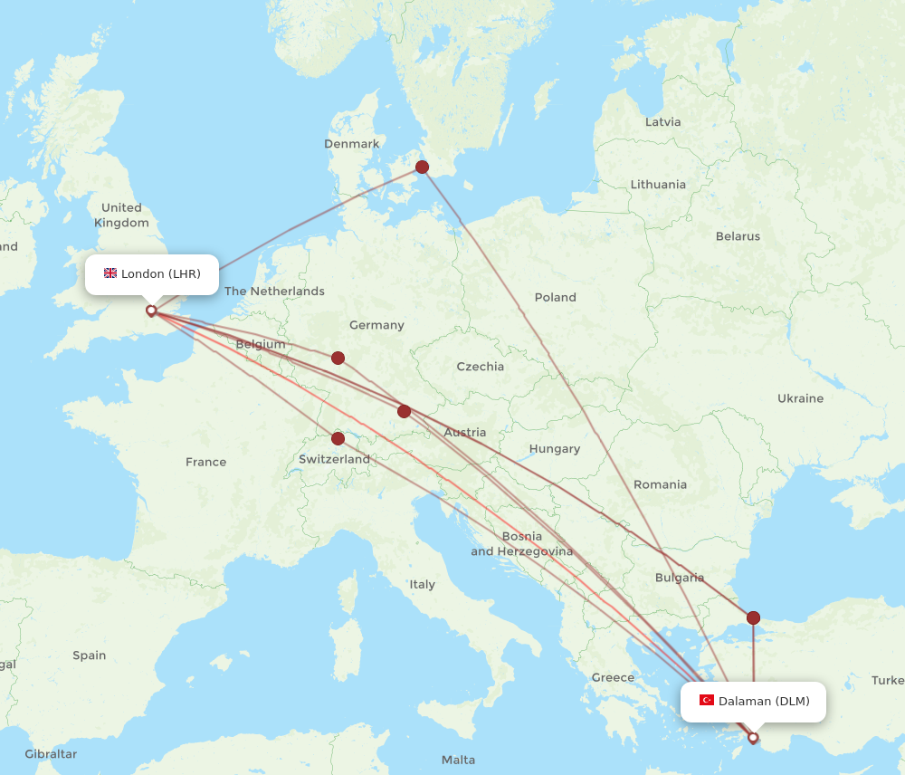 DLM to LHR flights and routes map