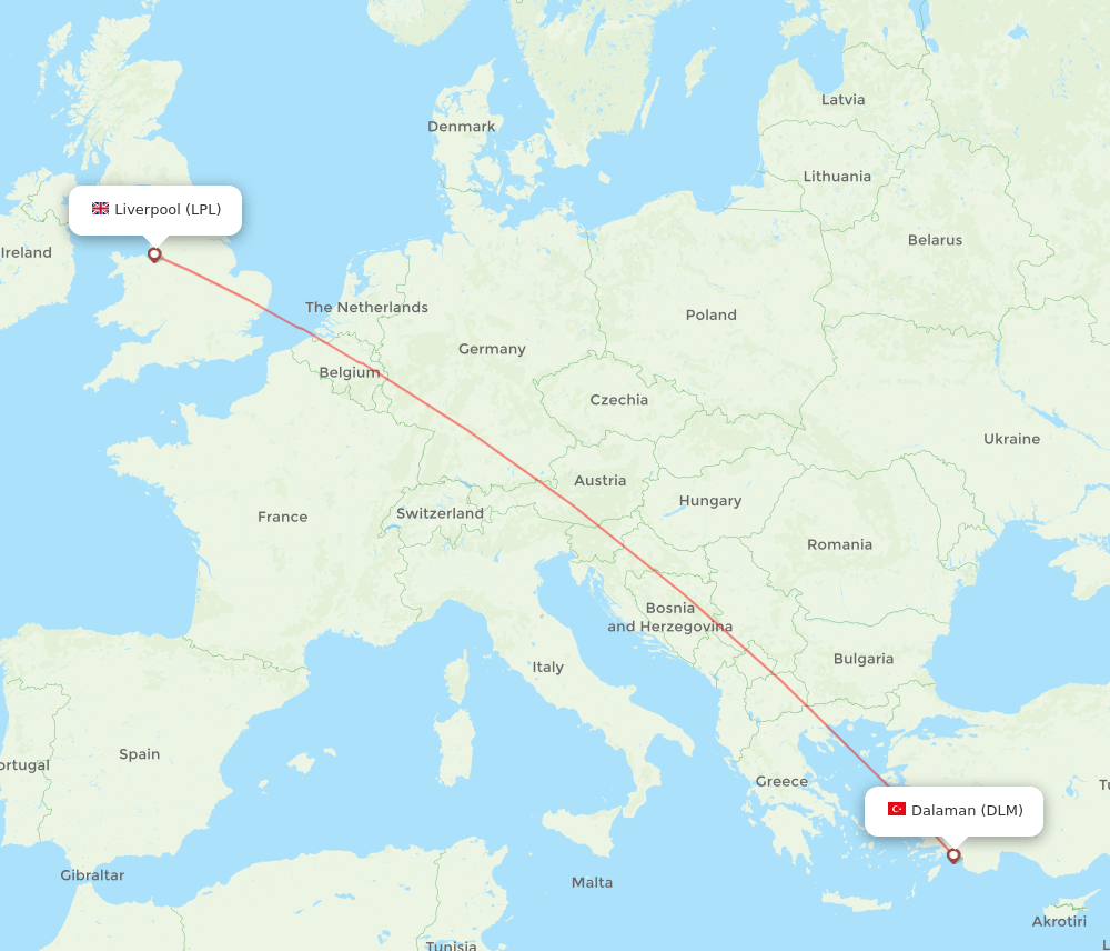 Dalaman - Liverpool route map and flight paths
