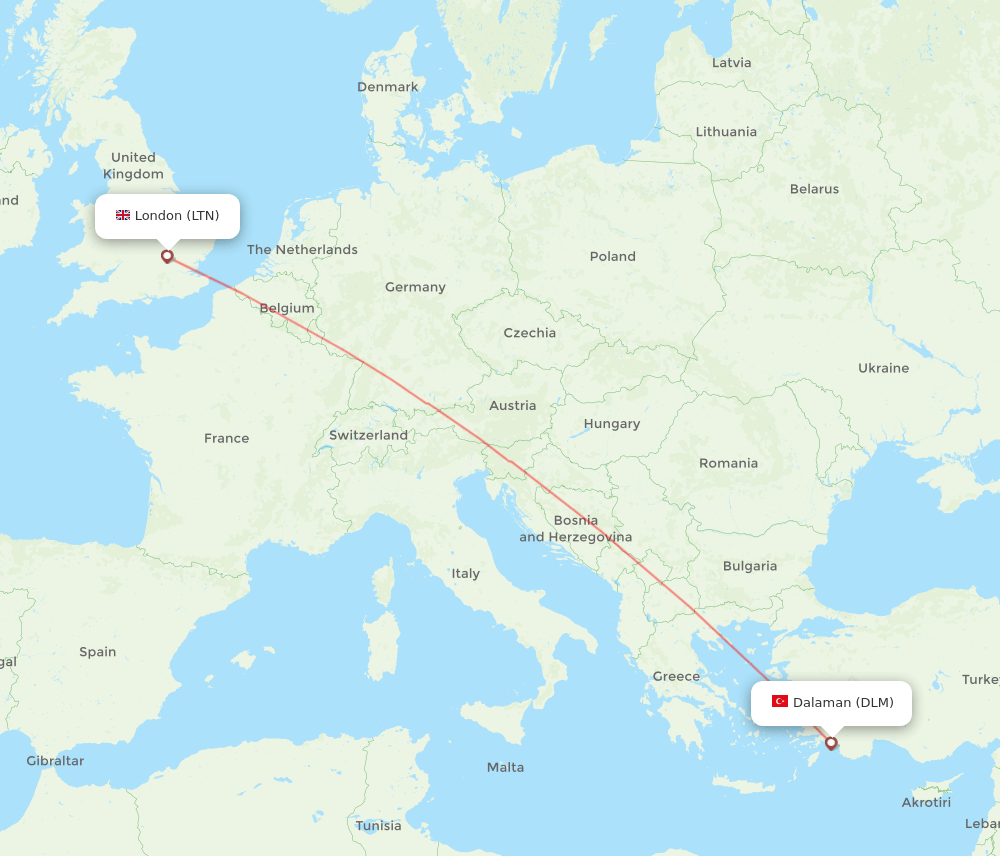 Dalaman - London route map and flight paths