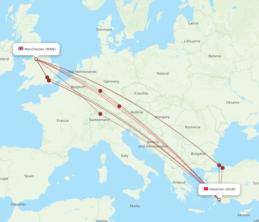 DLM to MAN flights and routes map