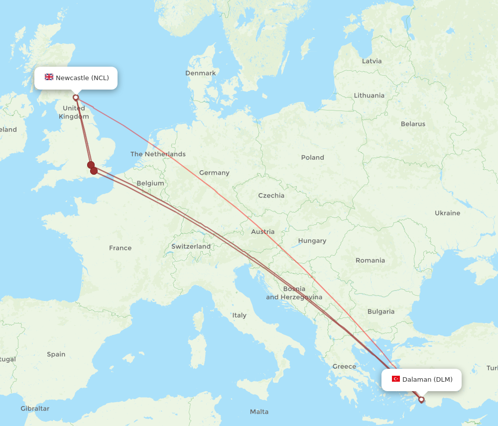 DLM to NCL flights and routes map