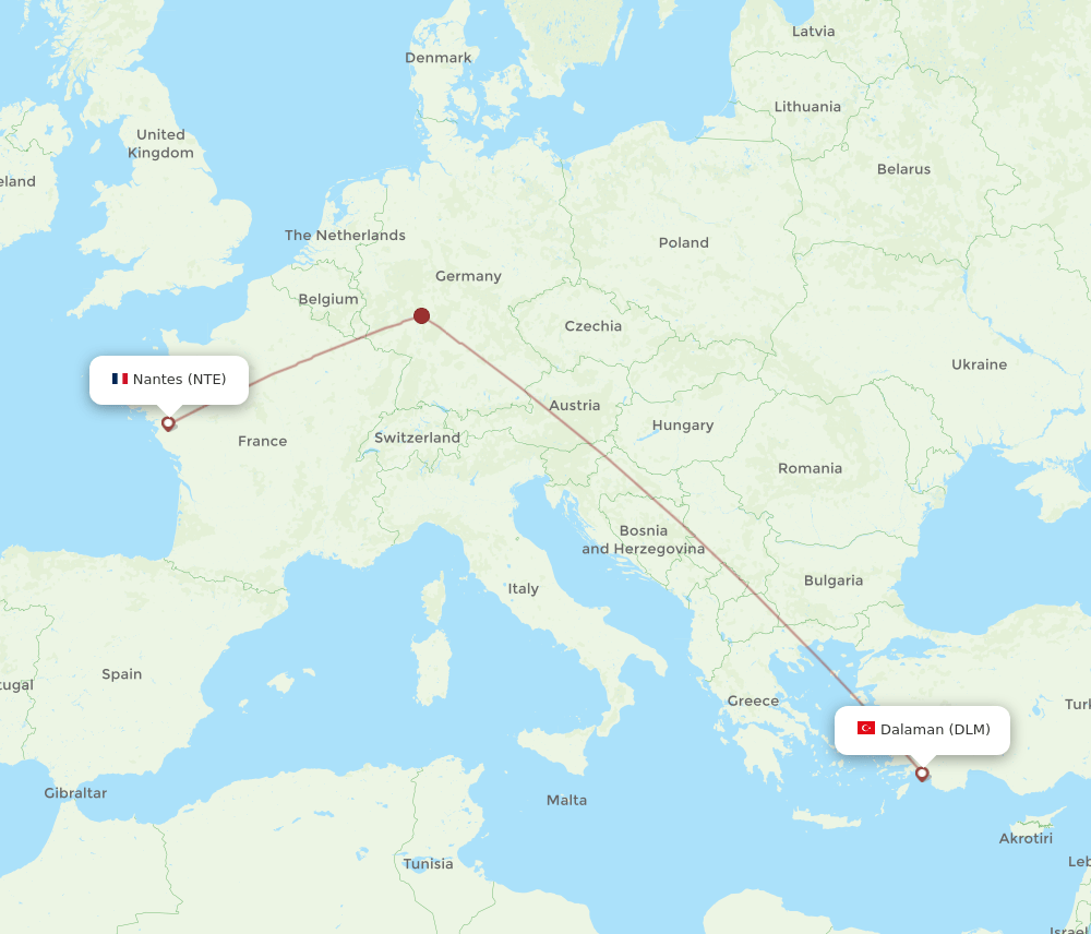 DLM to NTE flights and routes map