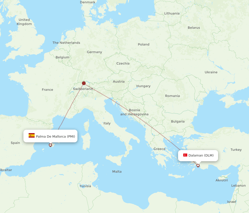 Palma de Mallorca - Dalaman route map and flight paths