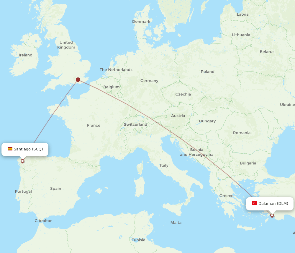 Santiago De Compostela - Dalaman route map and flight paths
