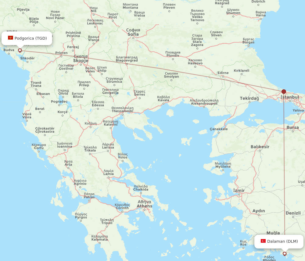 DLM to TGD flights and routes map