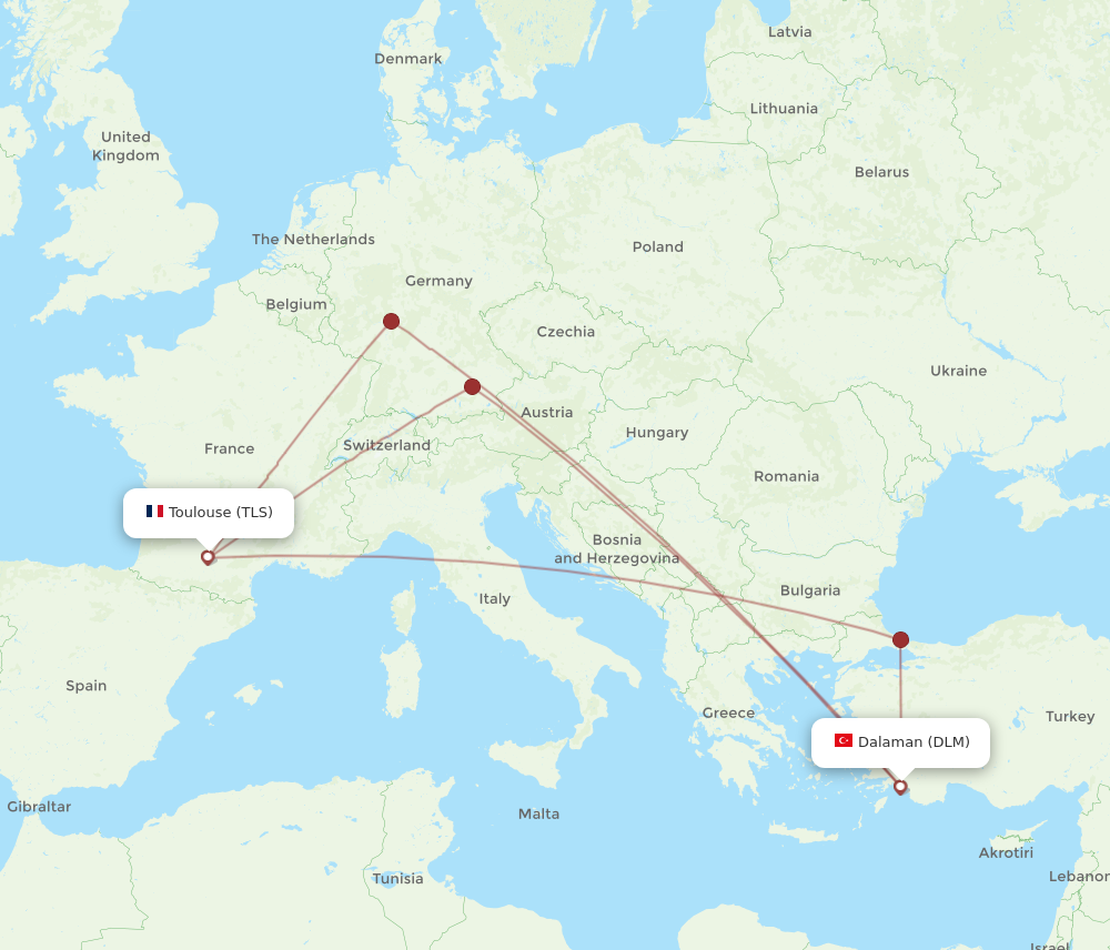 DLM to TLS flights and routes map