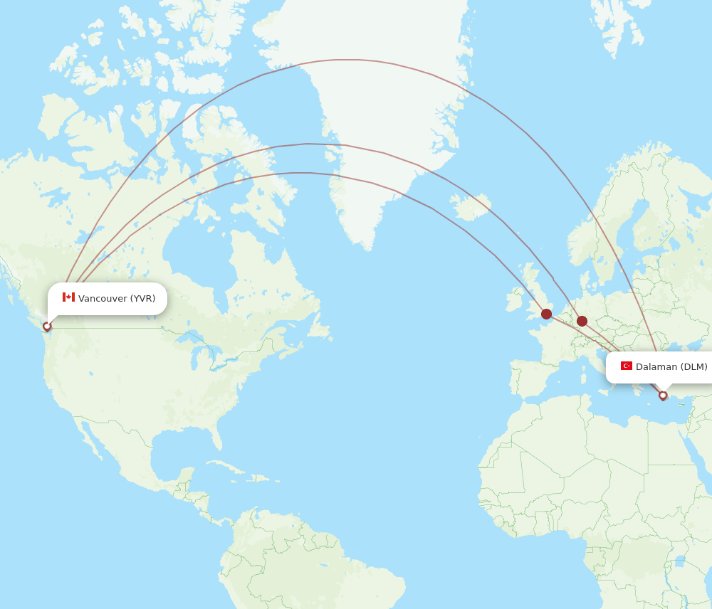 DLM-YVR flight routes